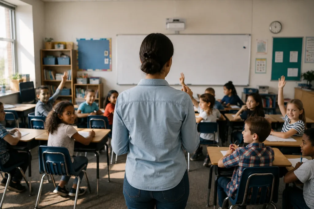 Teacher handling active classroom