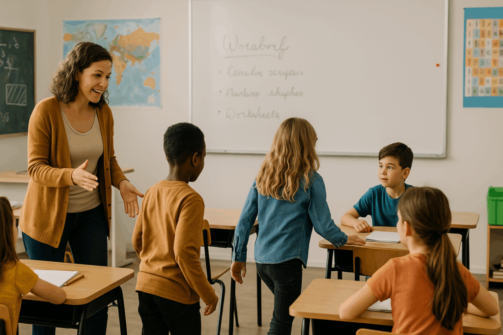Teacher guiding students during classroom transition