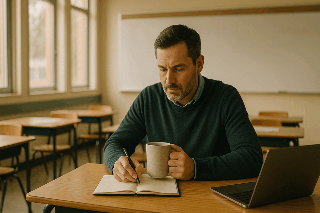 teacher reflecting with notebook and coffee