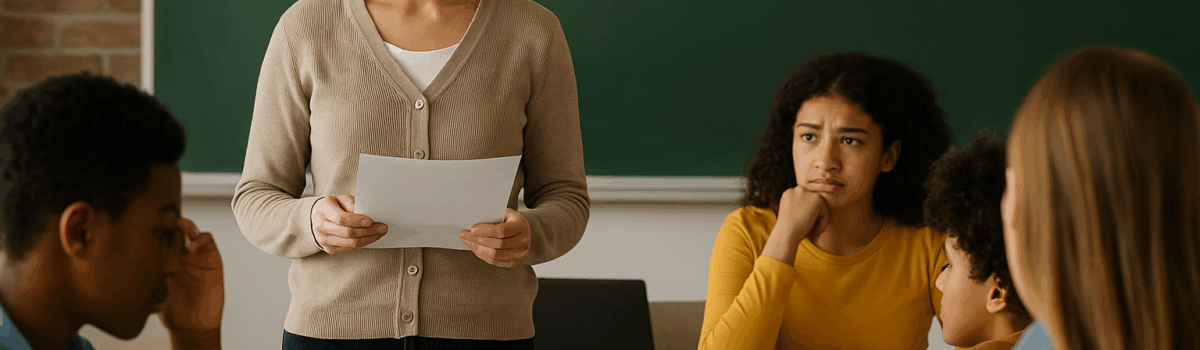 Teacher reflecting in classroom with students