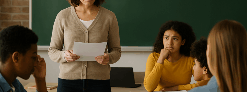 Teacher reflecting in classroom with students