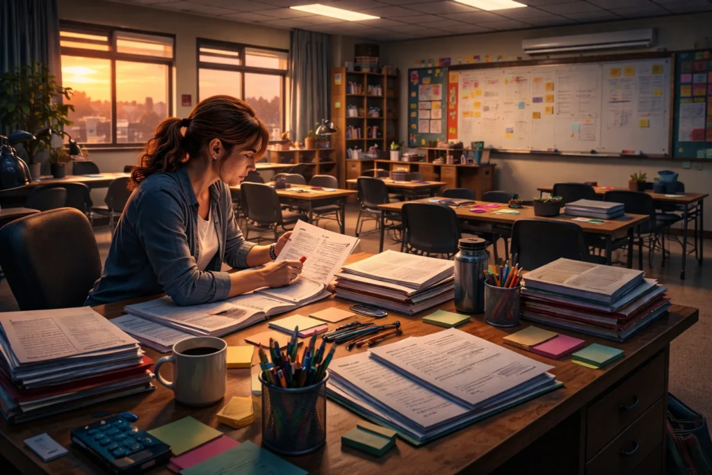 Teacher working on lesson plans