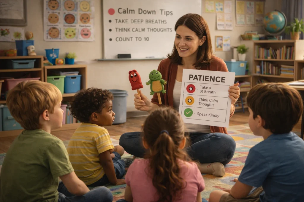 Teacher teaching kids how to deal with impatience